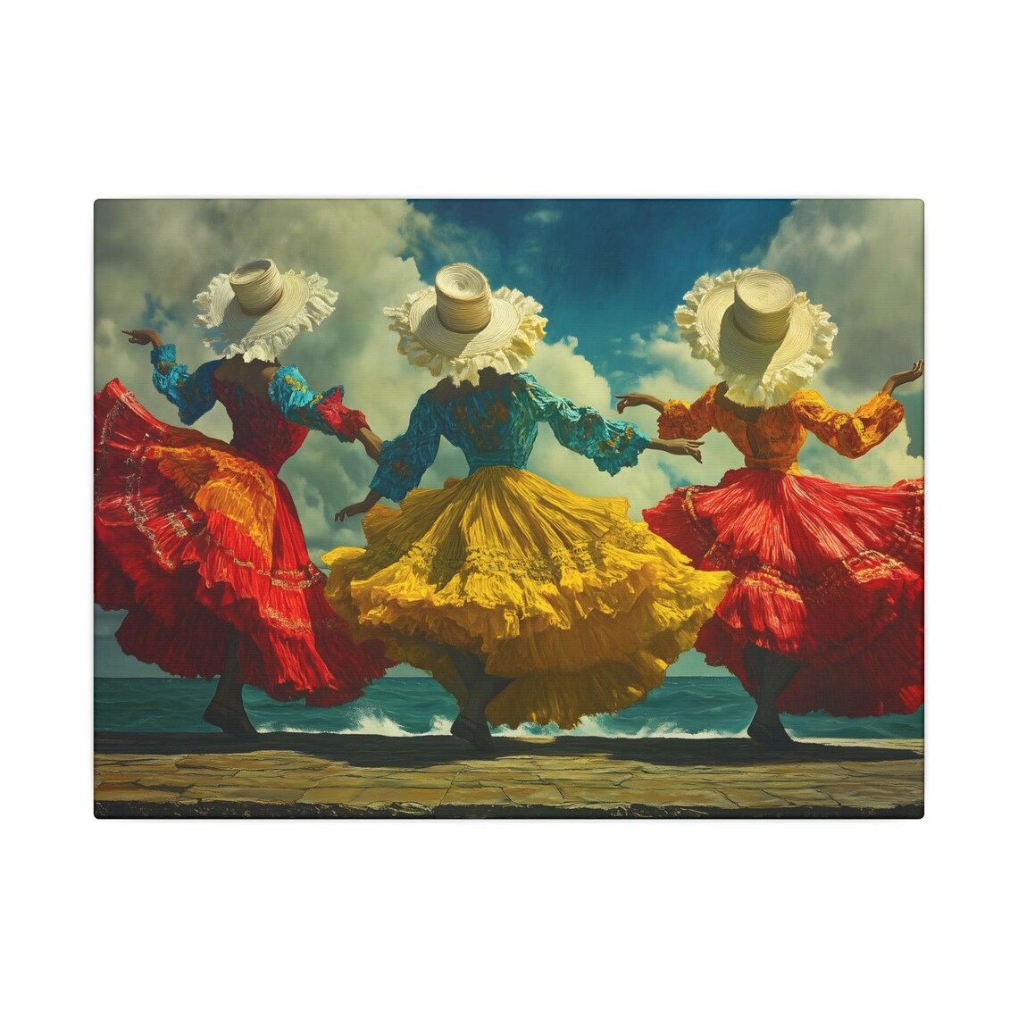 Colombian Cumbia Dancers Colorful Skirts Ocean Scene Cultural Art Poster