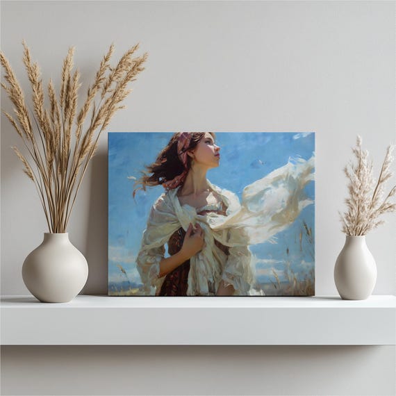 Sunlit Wheat Field Canvas Wall Art Impressionist Landscape Painting Print For Farmhouse Decor Blue Sky Nature Traditional Rustic