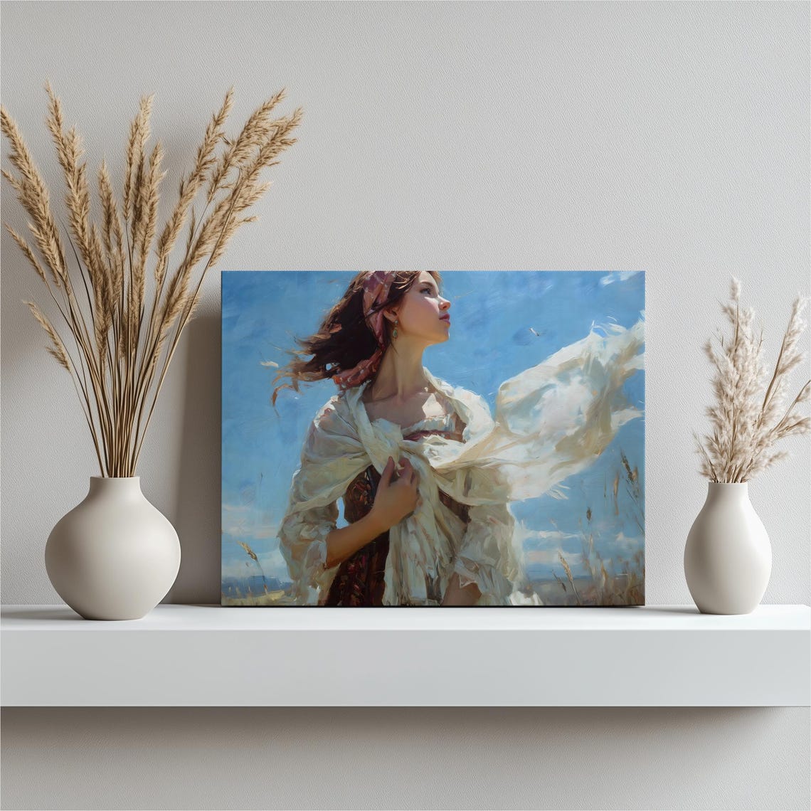 Windblown Woman in White Scarf Golden Field Impressionist Wall Art