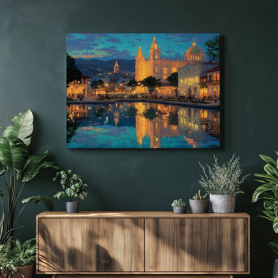 Urban Cathedral Cityscape Canvas Wall Art Sunset Painting City Lights Reflecting Pool Colorful Large Print Modern Decor