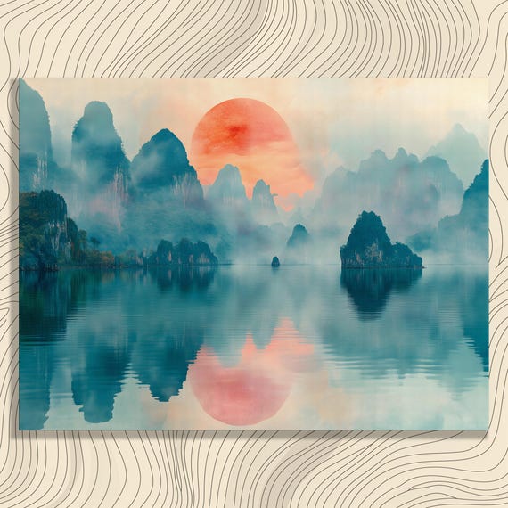 Misty Mountain Sunset Canvas Wall Art Modern Landscape Decor Print Serene Red Sun Reflection Painting For Nature Lovers Gift