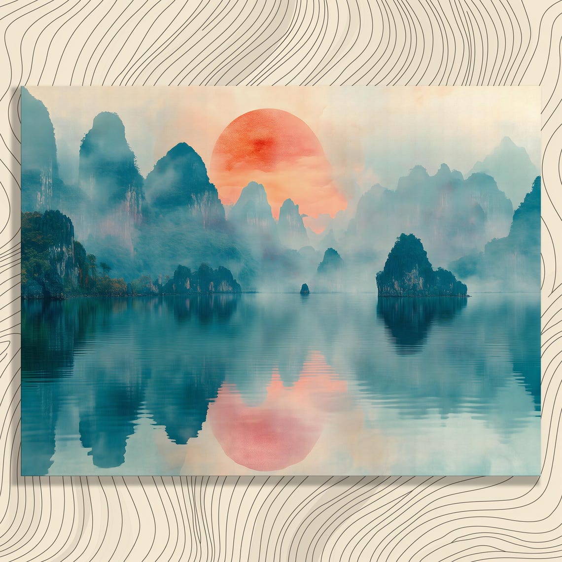 Misty Karst Peaks Red Sun Reflection Serene Lake Landscape Poster