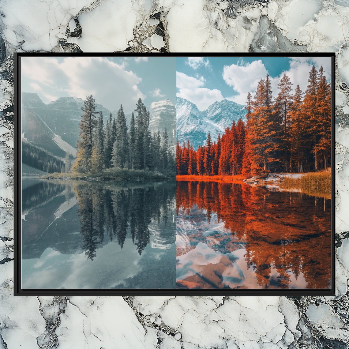 Canada Mountain Lake Summer and Autumn Split Season Reflection Poster