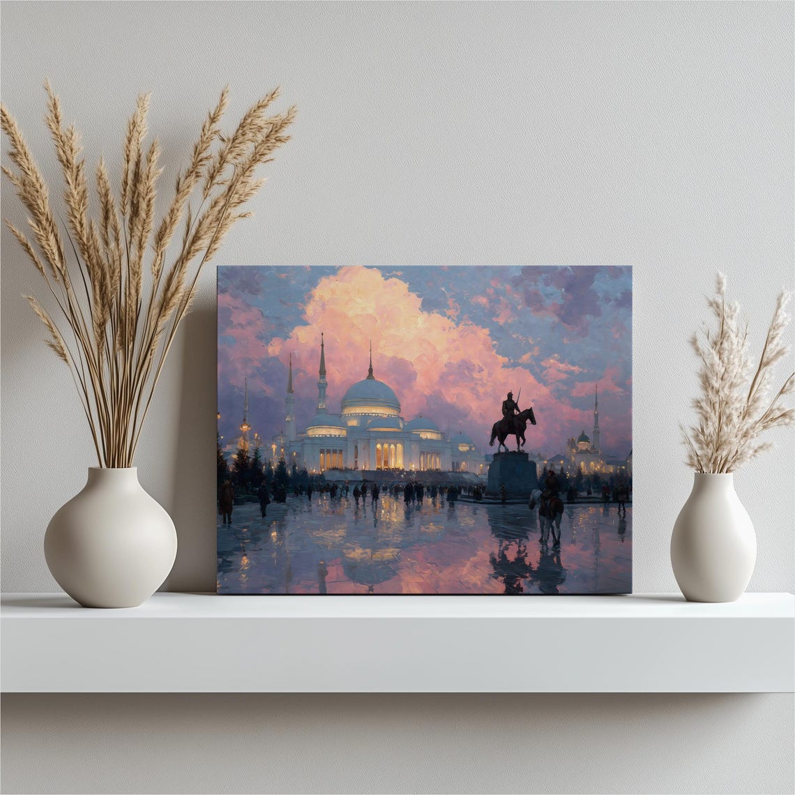 Impressionist Mosque at Sunset with Pink Clouds and Reflections Poster