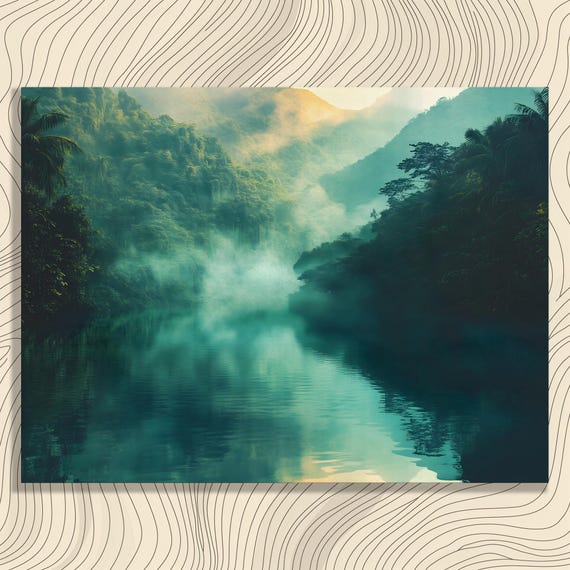 Serene Tropical River Canvas Wall Art Misty Mountain Landscape Print Nature Painting Gift Decor For Lovers And Enthusiasts