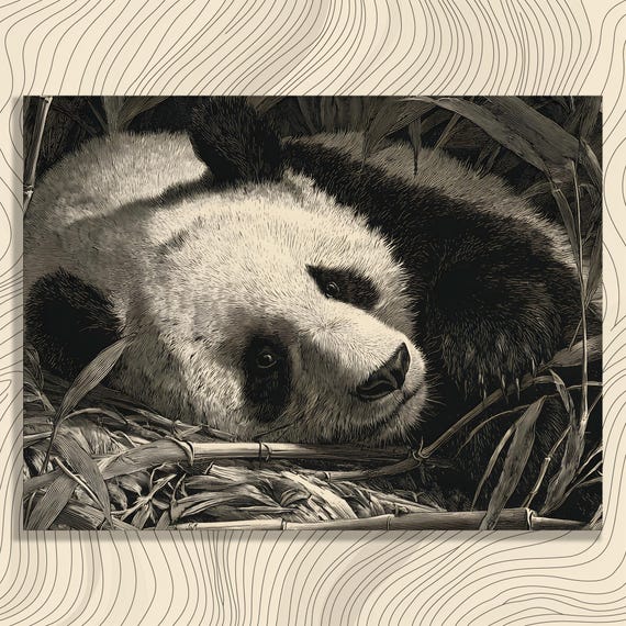 Giant Panda Bamboo Canvas Wall Art Black And White Wildlife Print Nature Illustration Vintage Engraving Style Forest
