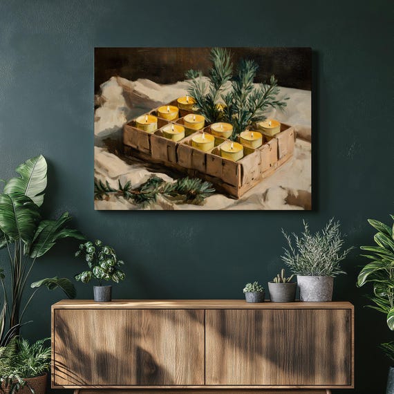 Rustic Candle Centerpiece Canvas Wall Art Tealight Painting With Wood Box Pine Bough Evergreen Sprigs Holiday Decor Traditional