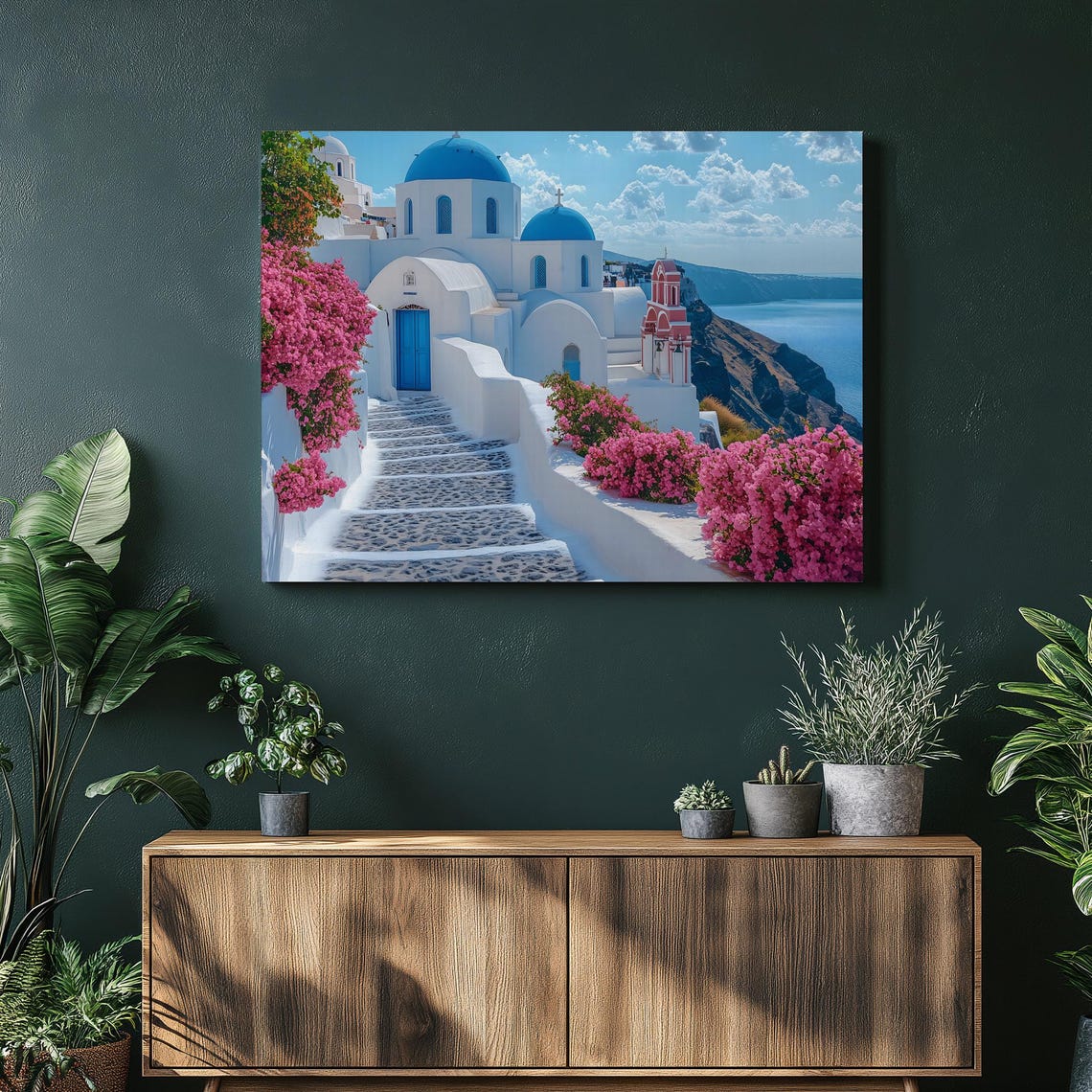 Santorini Greece Blue Dome Church Bougainvillea Path View Poster