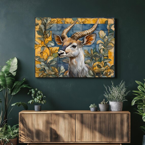 Kudu Antelope Canvas Wall Art Nouveau Botanical Mosaic Wildlife Decor With Teal And Gold Foliage Horned Portrait For Safari Home