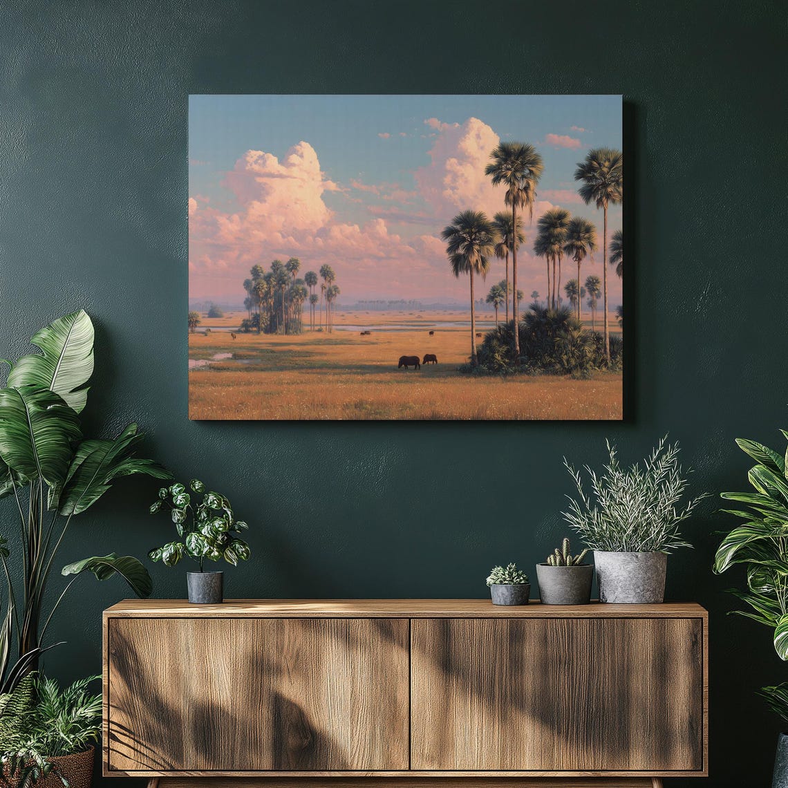 African Savanna Sunset Canvas Wall Art Palms and Buffalo Golden Sky
