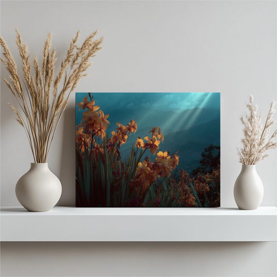 Vibrant Sunrise Lilies Canvas Wall Art Tropical Landscape Botanical Print Glistening Dew Sun Rays Misty Valley Mountain Meadow Blooms