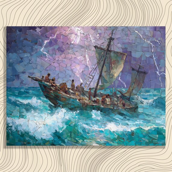 Stormy Sailboat Mosaic Style Ocean Waves Lightning Seascape Poster