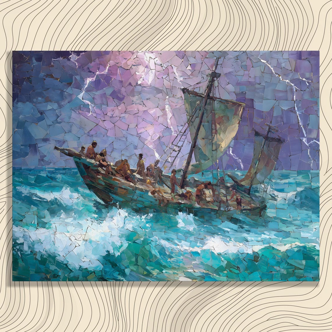 Stormy Sailboat Mosaic Style Ocean Waves Lightning Seascape Poster