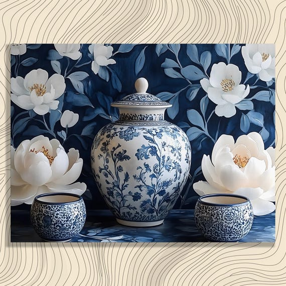 Classic Floral Vase Canvas Wall Art Elegant Decor Chinoiserie Botanical Pattern Print Porcelain Painting Gift For Collectors