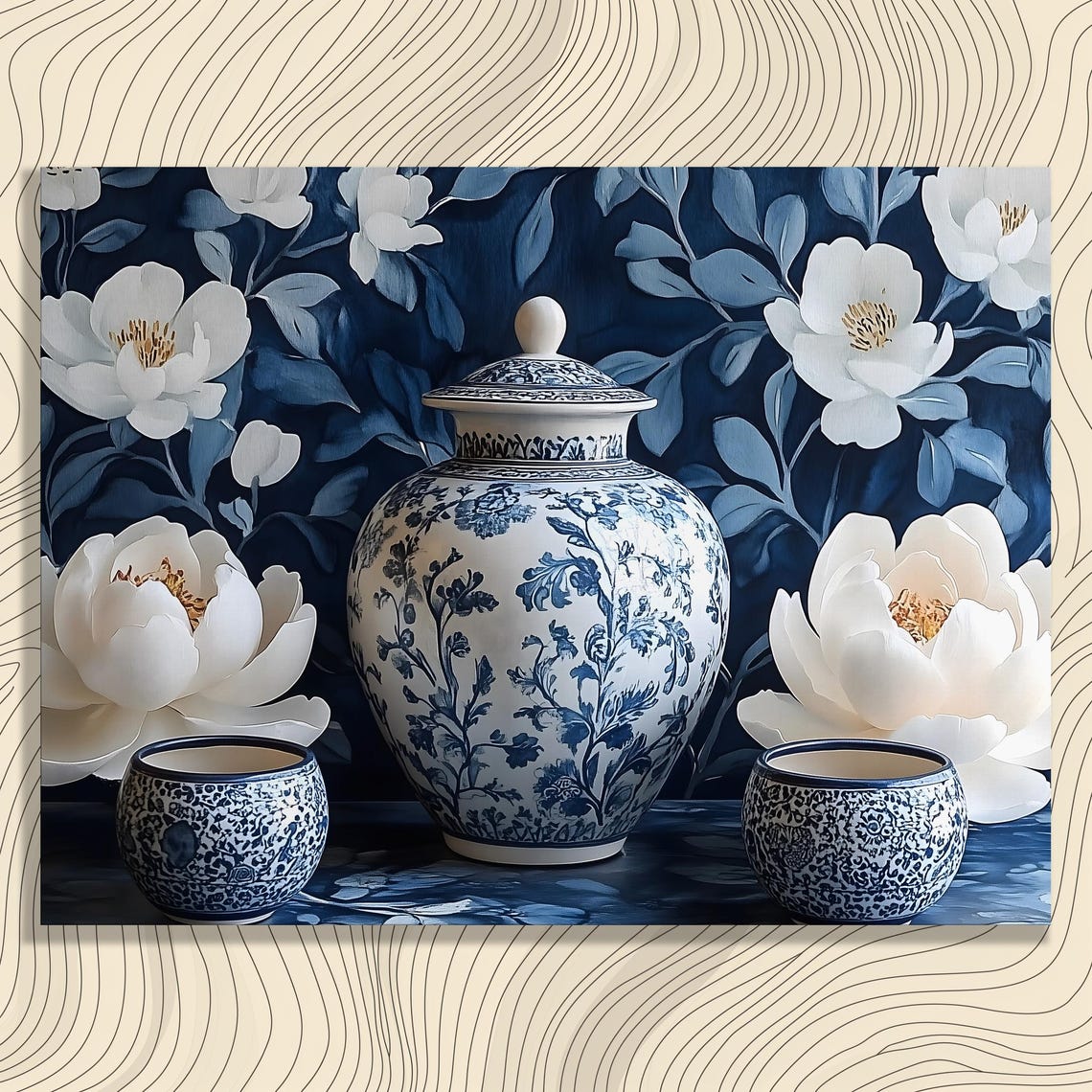 Blue White Chinoiserie Porcelain Vase Peony Floral Still Life Poster