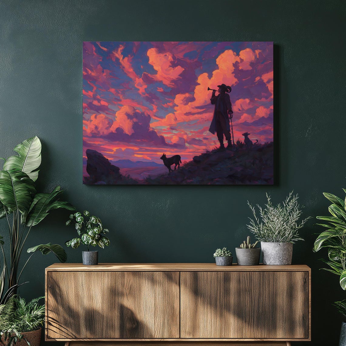 Lone Traveler at Sunset Silhouette Mountain Landscape Poster