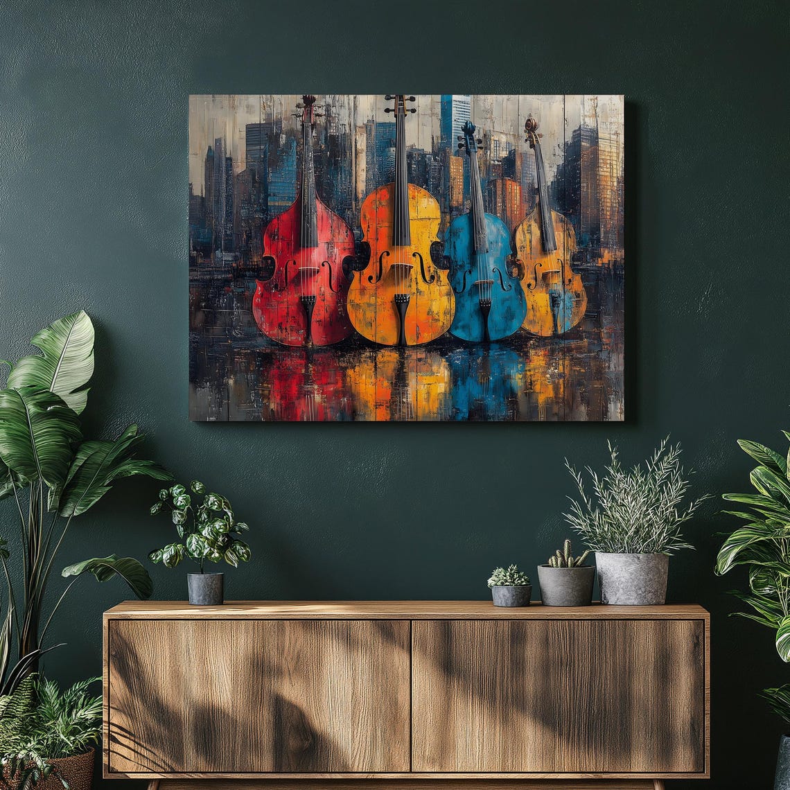 Colorful Violins City Skyline Abstract Music Instrument Art Print