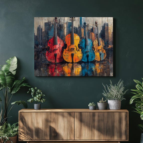 Music Skyline Canvas Wall Art Colorful String Instrument Cityscape Painting With Four Cellos And Skyscrapers Reflective Water Decor