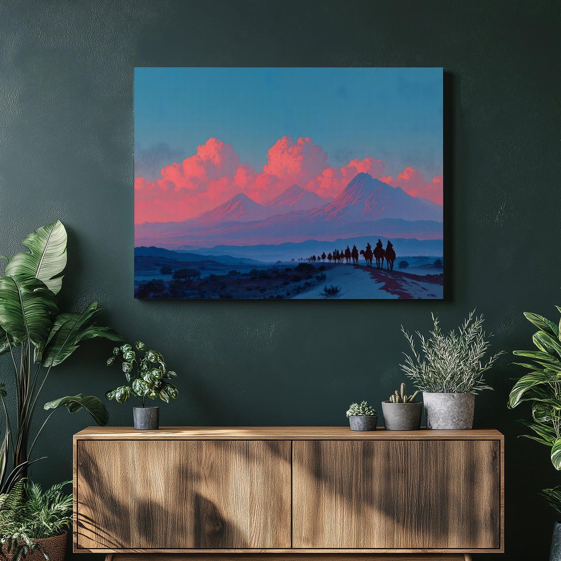 Camel Caravan Crossing Desert Dunes at Dusk Under Pink Clouds Poster
