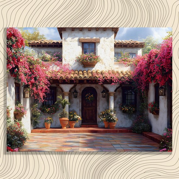 Mediterranean Villa Courtyard Bougainvillea Flowers Sunny Poster