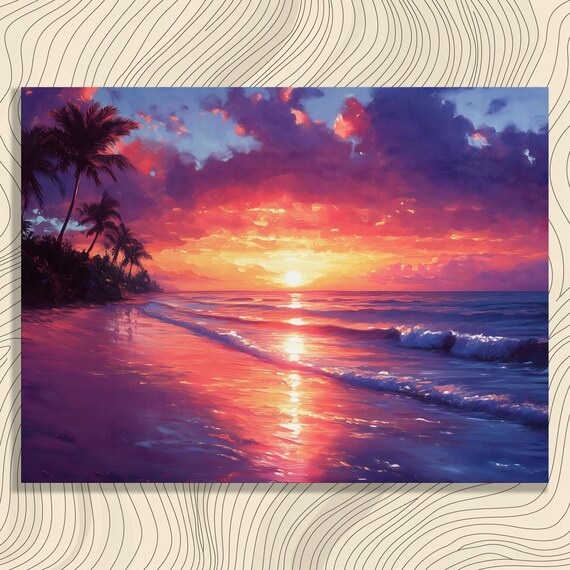 Vibrant Tropical Beach Sunset Palm Trees Ocean Wave Painting Poster