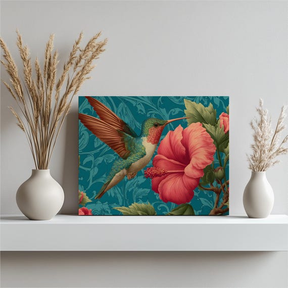 Hummingbird Hibiscus Canvas Wall Art Tropical Bloom Teal Botanical Painting Print Nature Decor Illustration Wildlife