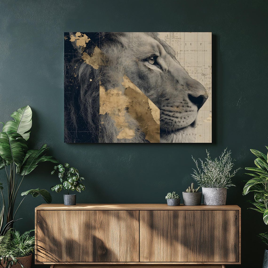 Lion Profile Mixed Media Black White Gold Blueprint Animal Art Poster