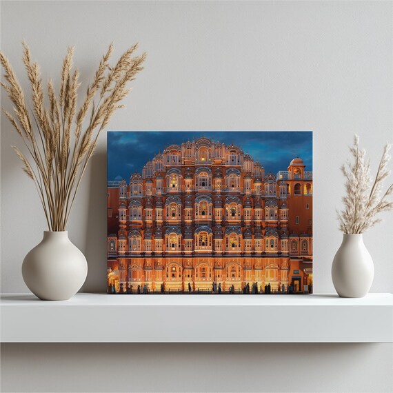 Hawa Mahal Jaipur Canvas Wall Art Palace Of Winds Painting Print Facade Historical Monument Colorful Dusk Skyline India Travel Decor
