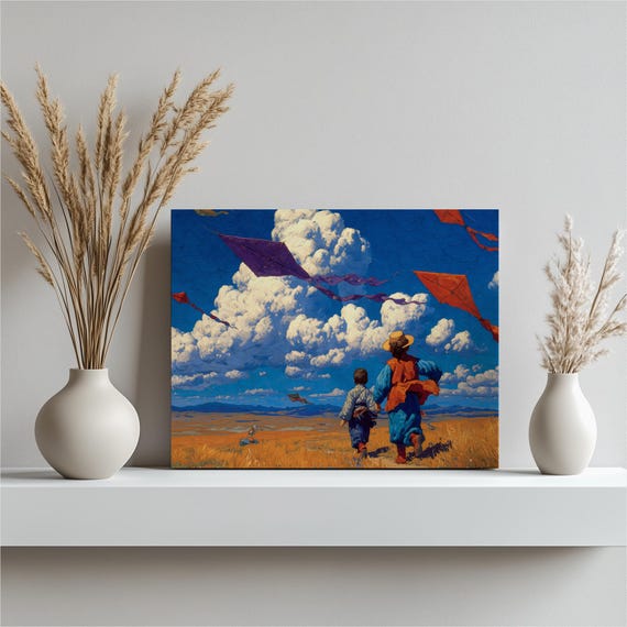Colorful Kite Field Canvas Wall Art Impressionist Children Running Under Blue Sky Cumulus Clouds With Kites Over Golden Wheat Meadow Print