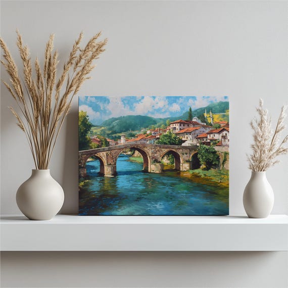 Breathtaking Bosnia Canvas Wall Art Historic Stone Bridge Landscape Painting Print Home Decor Travel River Scenery Vibrant View
