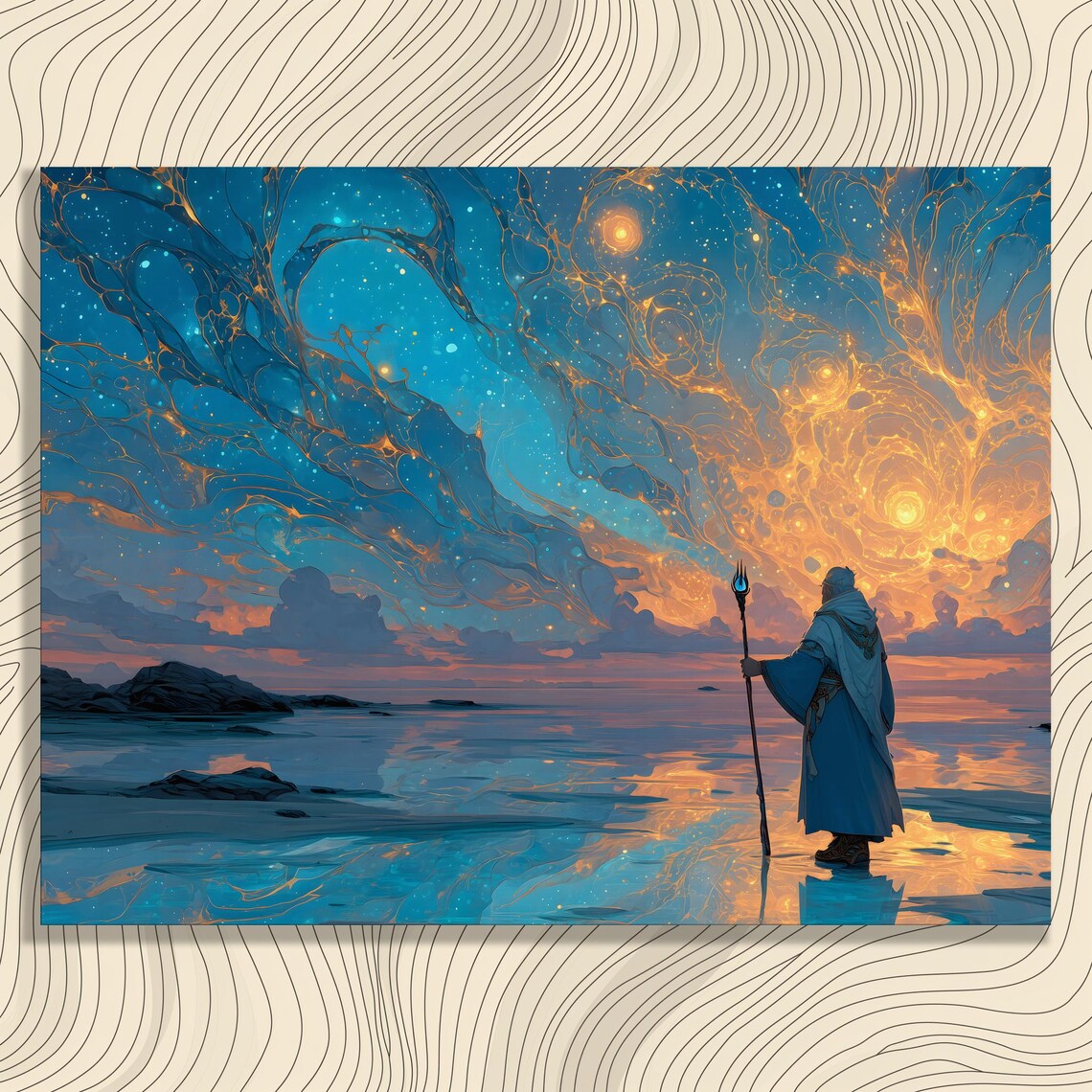 Mystical Wizard Canvas Wall Art Surreal Abstract Fantasy Landscape Print Starry Sky Cosmic Artwork Ethereal Reflection