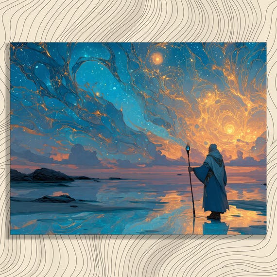 Mystical Wizard Canvas Wall Art Surreal Abstract Fantasy Landscape Print Starry Sky Cosmic Artwork Ethereal Reflection