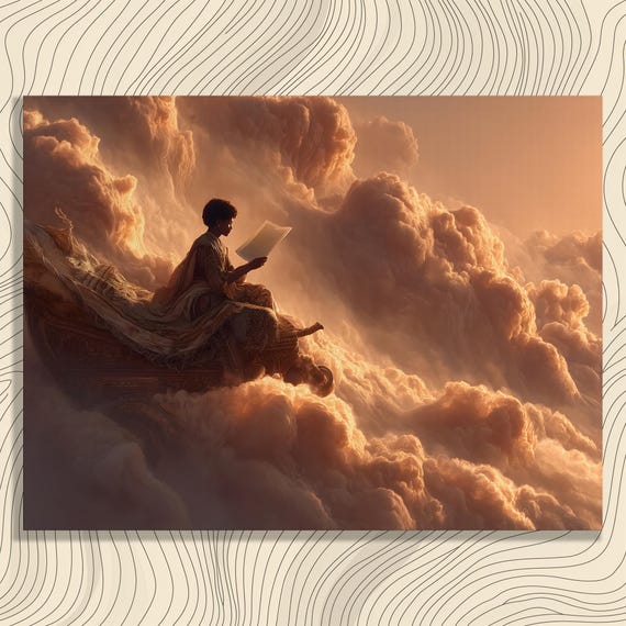 Dreamy Woman Reading Among Golden Clouds Surreal Sky Fantasy Art Print