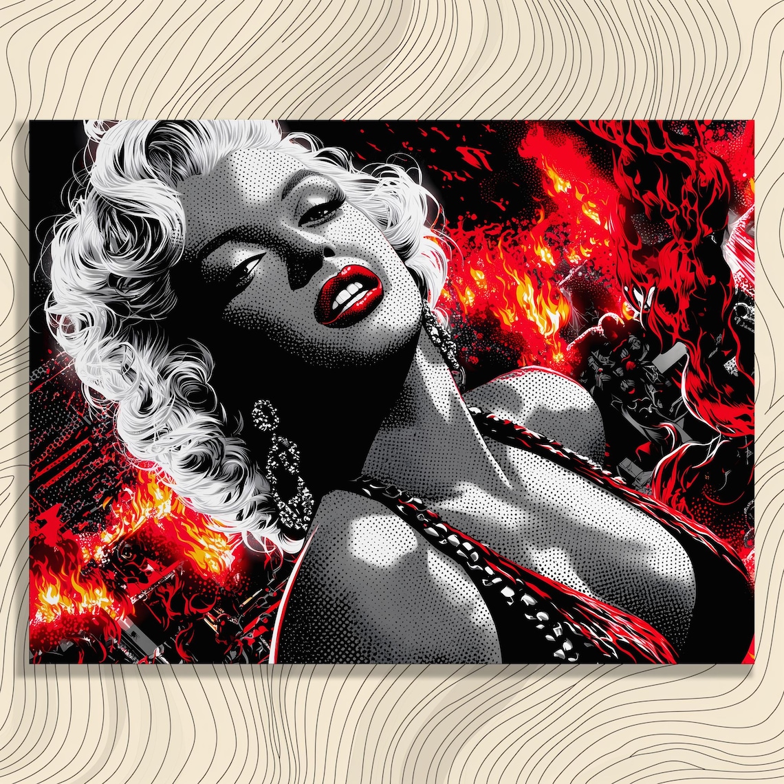 Marilyn Monroe Pop Art Poster Fiery Red Flames Halftone Blonde Icon Portrait