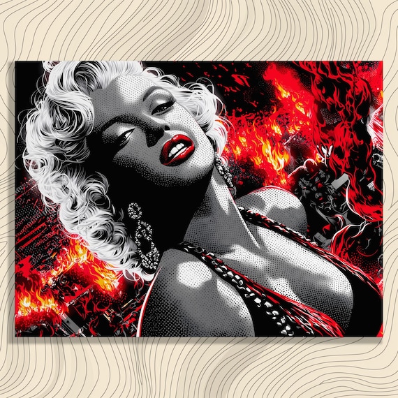 Marilyn Monroe Pop Art Poster Fiery Red Flames Halftone Blonde Icon Portrait