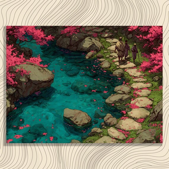 Cherry Blossom Stream Anime Travelers Spring Landscape Art Poster