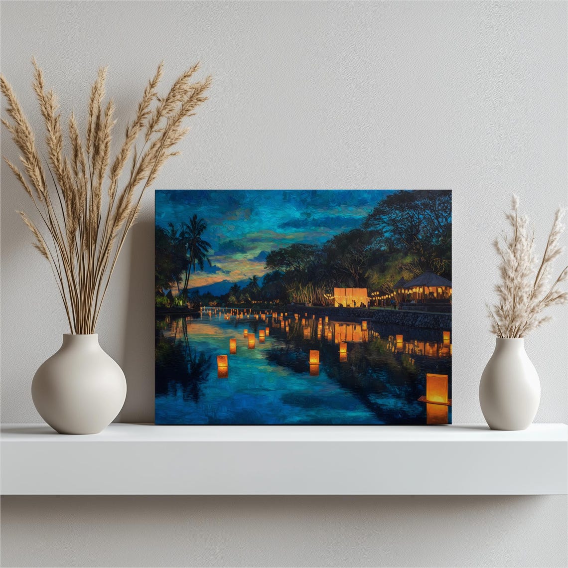 Floating Lantern Festival Glowing River Night Tropical Scene Poster