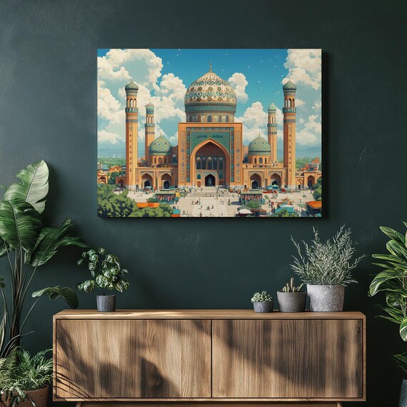 Grand Uzbekistan Silk Road Blue Domed Mosque Canvas Wall Art