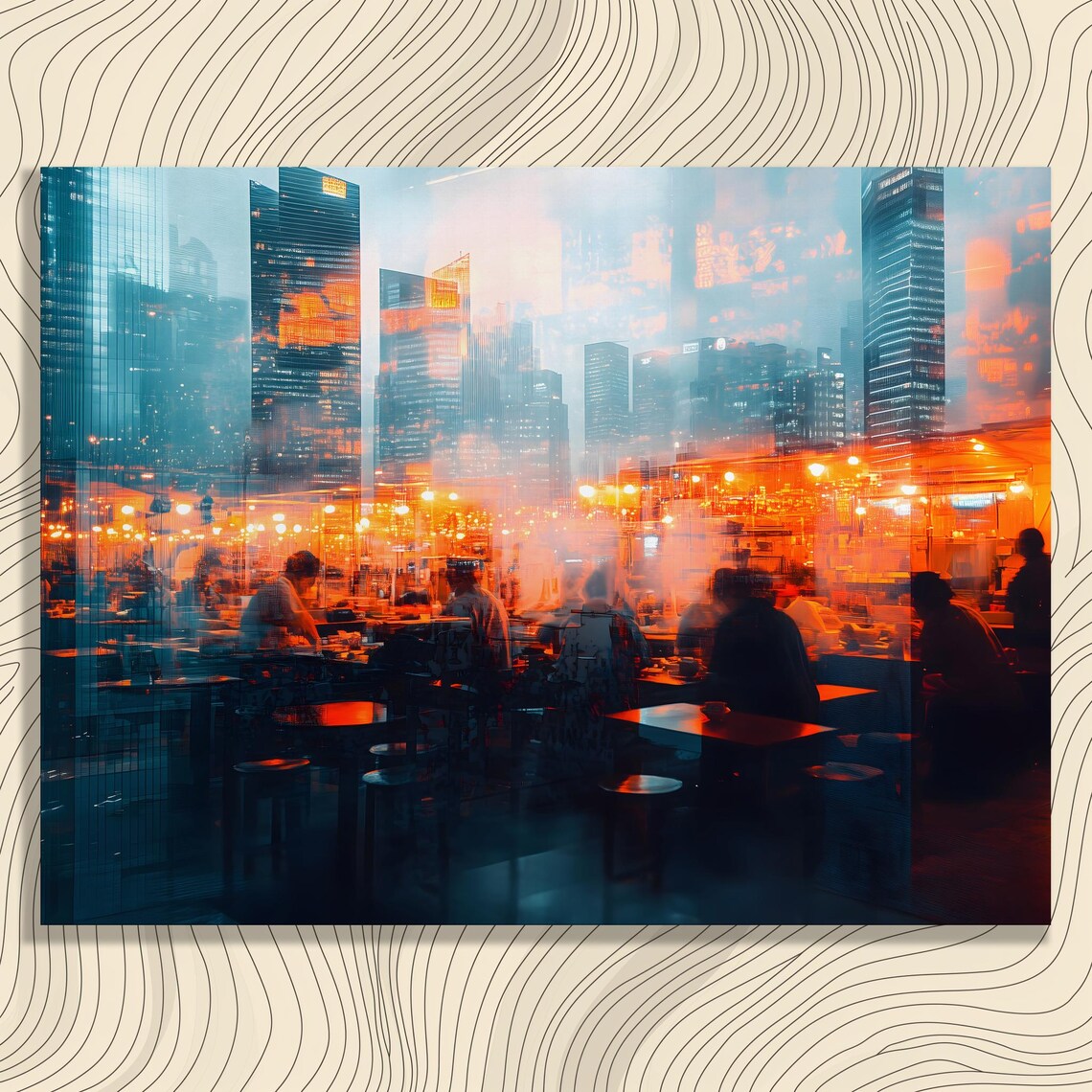City Lights Double Exposure Night Cafe Scene Urban Street Art Poster