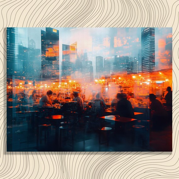 Vibrant Urban Cityscape Canvas Wall Art Lively Metropolis Night Print Colorful Lights Reflection Busy Cafe Scene Contemporary