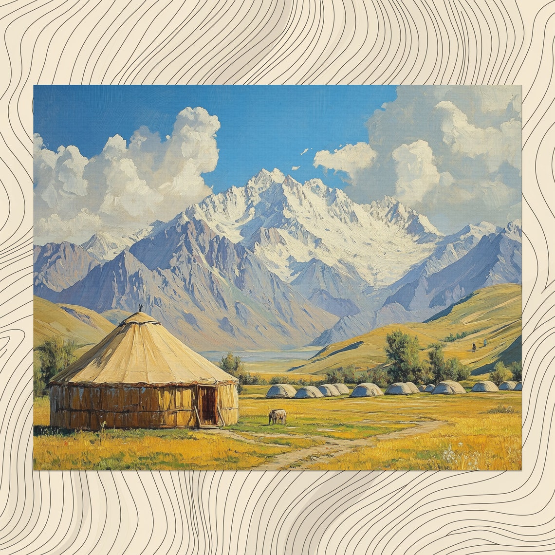 Tajikistan Yurt Camp Snowy Mountain Valley Landscape Art Poster