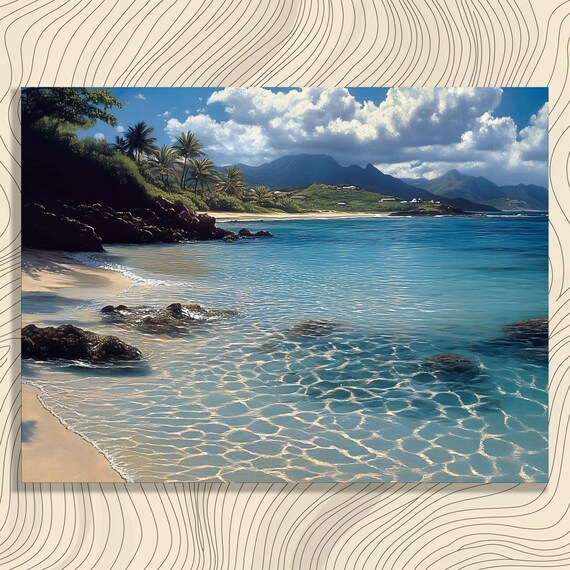 Turquoise Bay Palm Trees Mountain Shoreline Tropical Beach Photo Poster