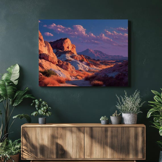 Vibrant Desert Canyon Canvas Wall Art Colorful Sunset Landscape Print Southwest Decor Red Rock Vista Cloudscape Boho Style Accent