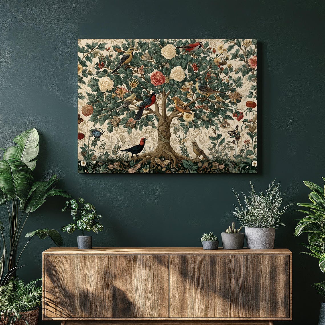 William Morris Style Birds in Flowering Tree Vintage Wall Art