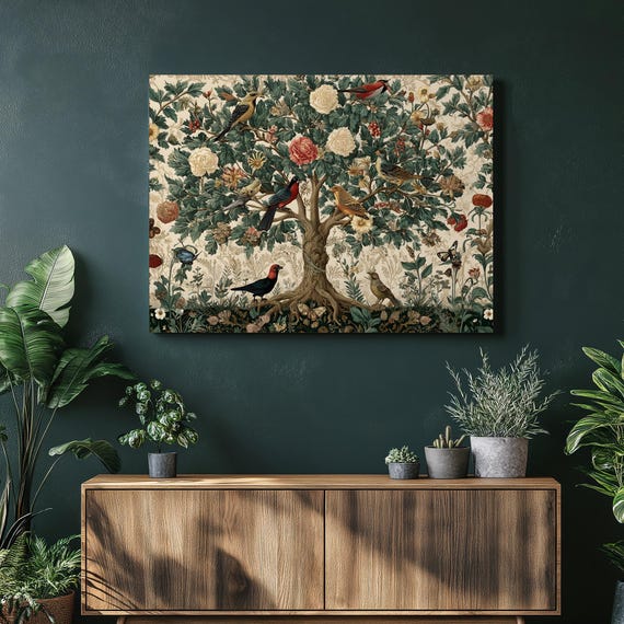 Vintage Botanical Canvas Wall Art Tree Of Life Birds And Butterflies Print Nature Illustration Floral Decor Painting Gift
