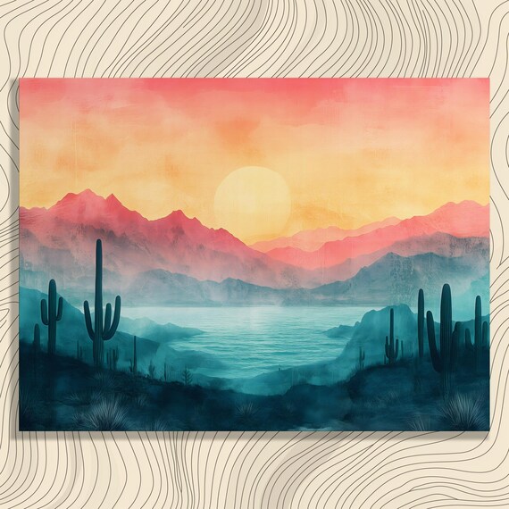 Desert Cactus Silhouettes under a Pink Sunset Sky Vibrant Southwest Landscape Poster