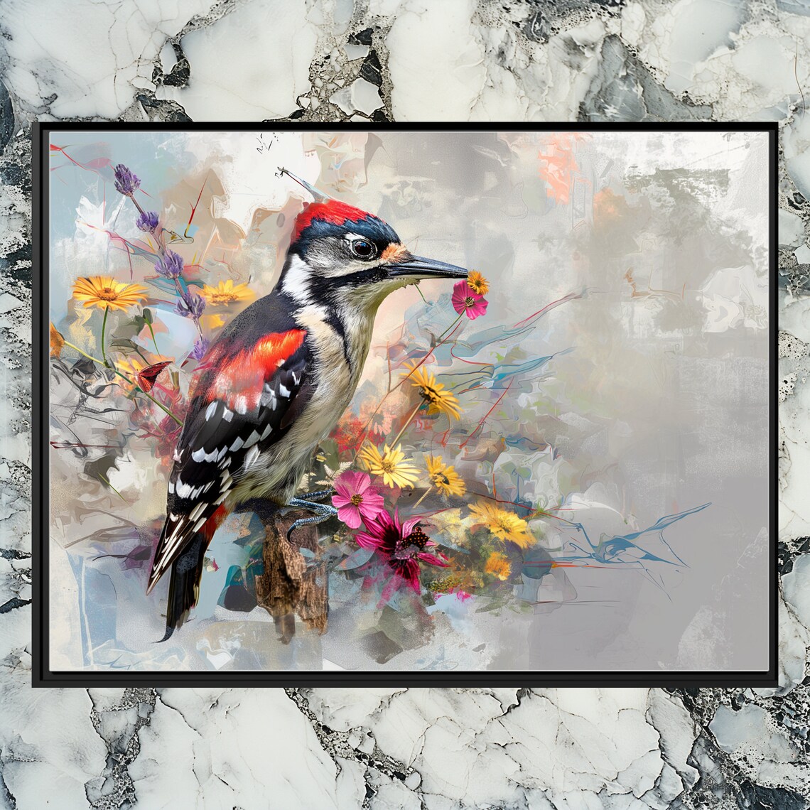 Woodpecker Among Wildflowers Painterly Bird Floral Art Poster