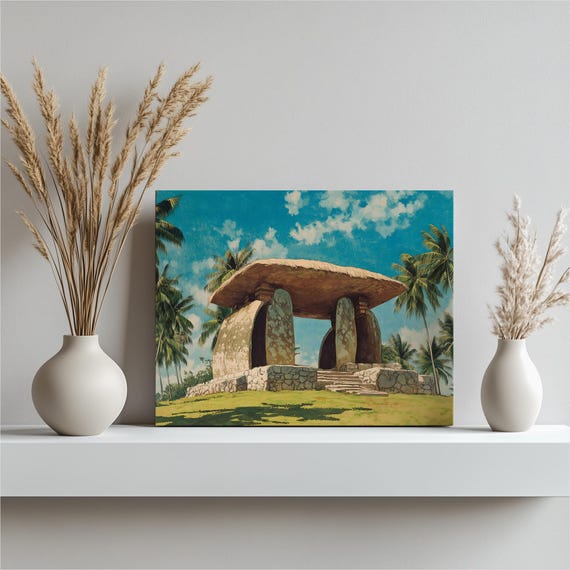 Tropical Dolmen Landscape Canvas Wall Art Palm Trees Blue Sky Ancient Monument Coastal Decor Archaeology Wonder Realistic Nature Inspired