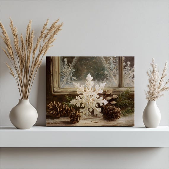 Rustic Snowflake Canvas Wall Art Vintage Farmhouse Winter Scene Pine Cones Evergreen Branch Frosted Window Windowsill Holiday Decor