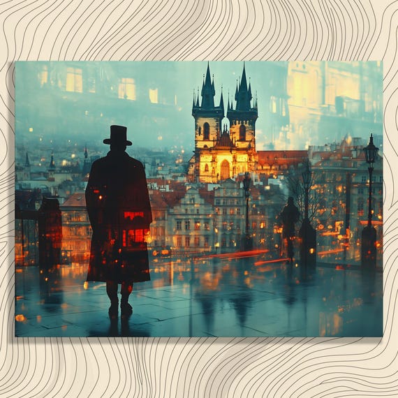 Mysterious Silhouette Cityscape Canvas Wall Art Dark Gothic Cathedral Print Gift Decor Painting Urban Surreal Mystery City Reflection